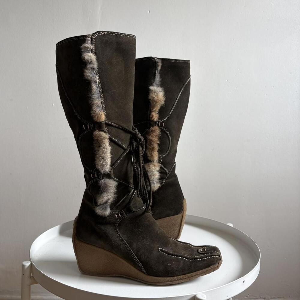 Y2K Suede & Fur Trim Wedge Boots